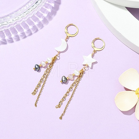 Star & Moon Natural Freshwater Shell Asymmetrical Earrings EJEW-JE07144-1