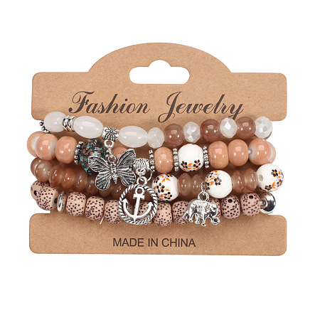 4Pcs Bohemian Style Alloy & Glass & Acrylic Charm Bracelets Set WG8E884-05-1