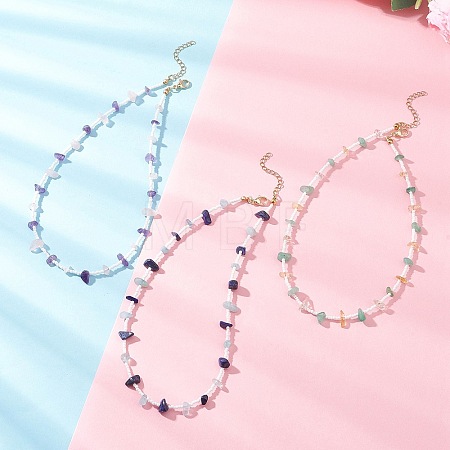3Pcs 3 Styles Natural Lapis Lazuli & Aquamarine & Amethyst & Rose Quartz & Green Aventurine & Citrine Chip & Glass Seed Baeded Necklaces for Women NJEW-JN05603-1
