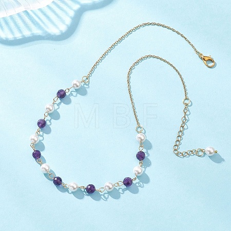 Shell Pearl and Natural Amethyst Round Beads Link Chain Necklaces for Women NJEW-JN05635-1