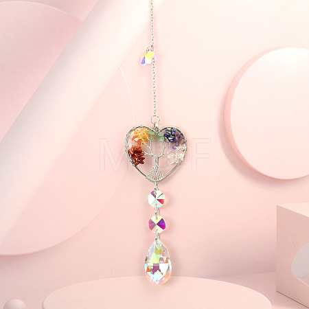 Wire Wrapped Chakra Natural Mixed Stone Heart with Tree of Life Pendant Decorations HJEW-K046-02P-03-1