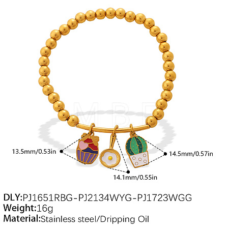 304 Stainless Steel Enamel Charm Round Beaded Stretch Bracelets for Women WGF740E-01-1