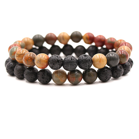 2Pcs 2 Styles Natural Picasso Jasper & Lava Rock Round Beaded Stretch Bracelets for Couple FS-WGA2A2E-11-1