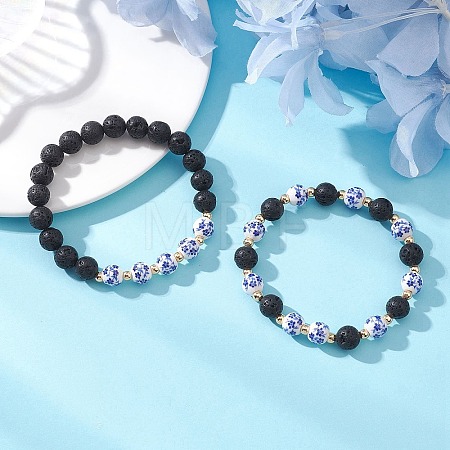 2Pcs Handmade Flower Printed Porcelain Ceramic & Natural Lava Rock Beads Stretch Bracelets for Women BJEW-JB13016-1