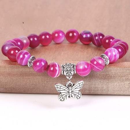 8MM Round Natural Sardonyx(Dyed & Heated) Beaded Stretch Bracelets with Alloy Butterfly Charms FQ7211-20-1