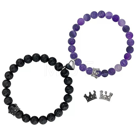 2Pcs Matching Natural Lava Rock & Amethyst Round Beads Stretch Bracelets PT6851-7-1