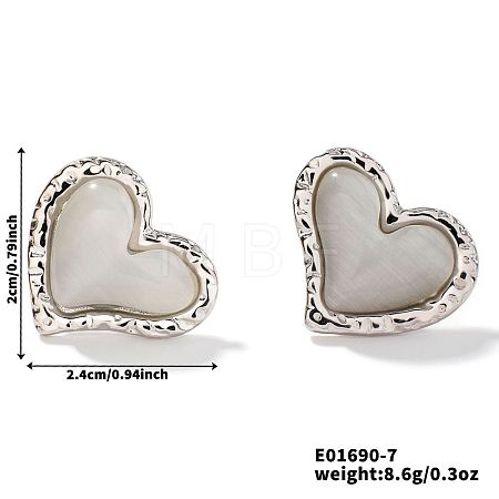 304 Stainless Steel Natural Stone Cat Eye Heart-shaped Stud Earrings GI3370-6-1