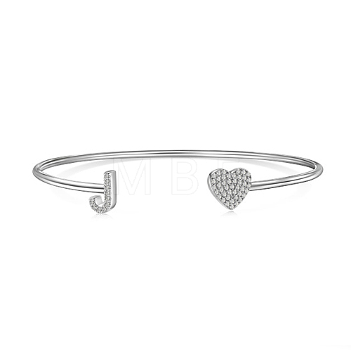 Anti-Tarnish Heart & Letter Rhodium Plated 925 Sterling Silver Micro Pave Cubic Zirconia Cuff Bangles for Women BJEW-C062-01J-P-1