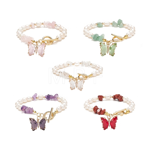 Glass Butterfly Charm Bracelet with Clear Cubic Zirconia BJEW-JB08640-1
