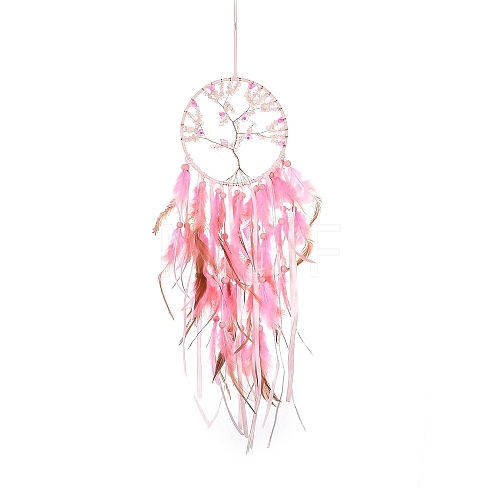 Tree of Life Natural Rose Quartz Chip Woven Web/Net with Feather Hanging Ornaments HJEW-G025-04-1