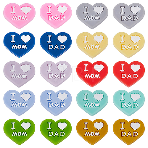 SUPERFINDINGS 9pcs 9 colors Heart with Word Dad & Mom Silicone Beads SIL-FH0001-12-1