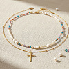 304 Stainless Steel Cross Pendant Paux Pearl & Glass & Natural Mixed Stone Beaded Double Layer Necklaces for Women RM5480-2