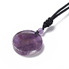 Natural Amethyst Flat Round with Flower of Life Pendant Necklace with Nylon Cord for Women NJEW-P274-02-02-4