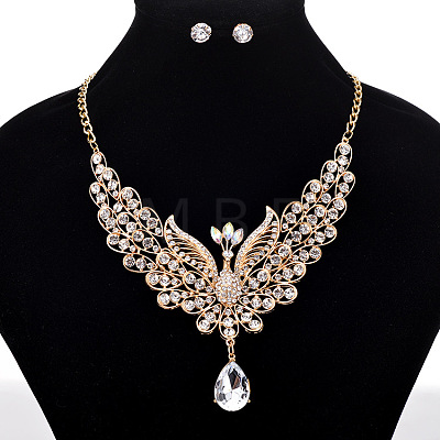 Alloy Rhinestone Hollow Peacock Bib Necklace & Stud Earrings Sets WGD829A-03-1