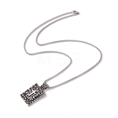 Alloy Rectangle with Cross Pendant Necklace with 201 Stainless Steel Box Chains NJEW-E016-01AS-1