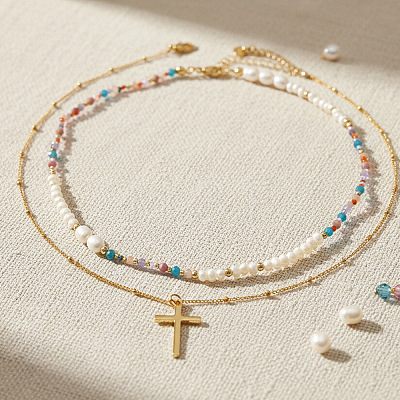 304 Stainless Steel Cross Pendant Paux Pearl & Glass & Natural Mixed Stone Beaded Double Layer Necklaces for Women RM5480-1