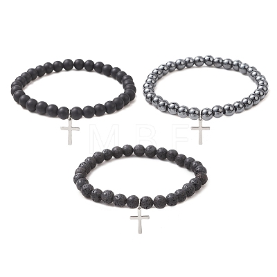 3Pcs Natural & Synthetic Mixed Gemstone Beads Stretch Bracelets BJEW-JB13252-1