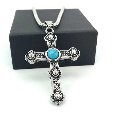 Vintage Stainless Steel Pave Synthetic Turquoise Cross Pendant Necklaces SX9473-1