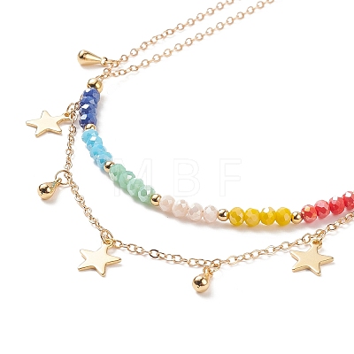 Brass Star Charms Double Layer Necklace with Colorful Glass Beaded for Women NJEW-TA00050-1