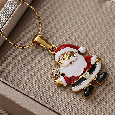 304 Stainless Steel Enamel Red Christmas Santa Claus Pendant Necklaces RP2300-1