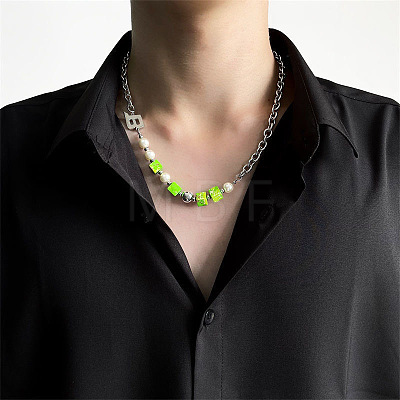 Letter B and Acrylic Lime Green Cube Beaded 201 Stainless Cable Chain Necklaces FS-WG7DFDB-01-1