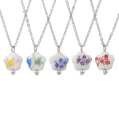 Handmade Printed Porcelain Flower Pendant Brass Cable Chain Necklaces for Women NJEW-JN05746-1
