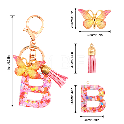 Fashion Alphabet Initial Letter Resin Keychain with Tassel Gradient Butterfly Pendant Key Ring KEYC-WH0027-105B-1