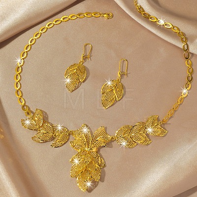 Hollow Leaf Brass Pendant Necklaces & Hoop Earrings Sets for Women FS-WGD13A8-01-1