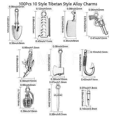 100Pcs 10 Style Tibetan Style Mystery Killer Theme Alloy Pendants TIBEP-CJ0001-88-1