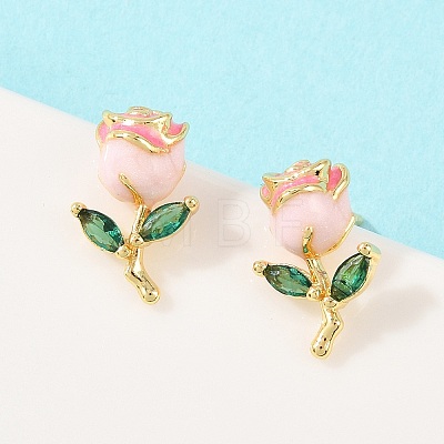 Valentine's Day Flower Brass Micro Pave Clear Cubic Zirconia Stud Earrings EJEW-T051-01G-1