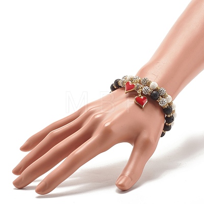 2Pcs 2 Colors Natural Lava Rock Stretch Bracelets Set with Rhinestone Beads BJEW-JB07723-1