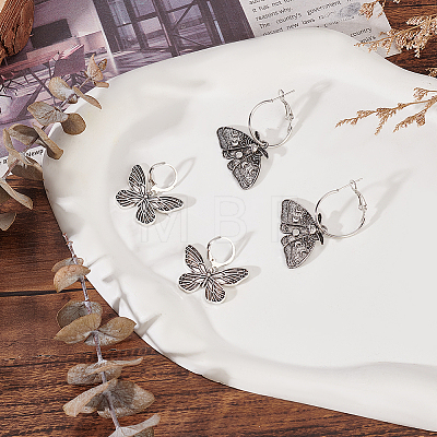 2 Pairs 2 Style Moth & Butterfly Zinc Alloy Dangle Hoop & Leverback Earrings EJEW-AN0002-64-1
