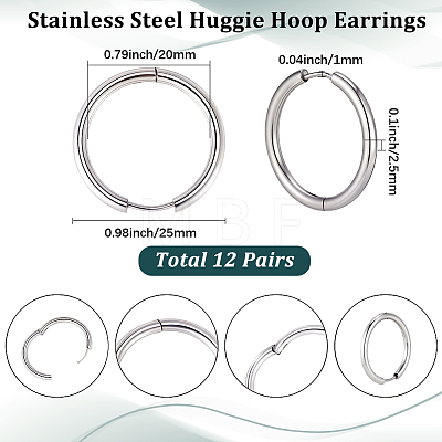 12 Pairs 202 Stainless Steel Huggie Hoop Earrings EJEW-SC0002-02-1