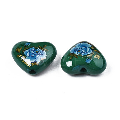 Flower Printed Opaque Acrylic Heart Beads SACR-S305-28-N02-1