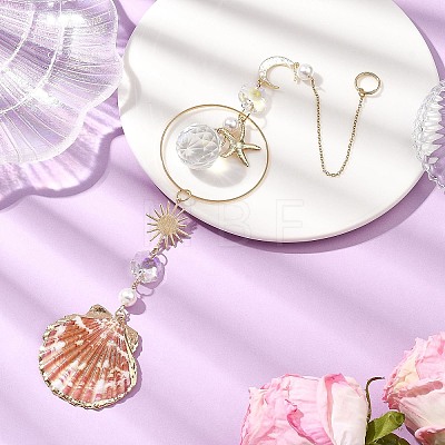 Electroplate Sea Shell & Glass Pendants Starfish Shell Hanging Suncatchers HJEW-JM04563-1