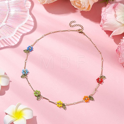 Rainbow Color Glass Beaded Flower Necklaces NJEW-TA00173-01-1