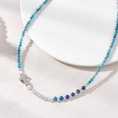 Natural Mixed Stone Faceted Round and Dyed Malaysia Jade & Pearl Beaded Necklaces with Brass Micro Pave Clear Cubic Zirconia Cross NJEW-JN05975-1