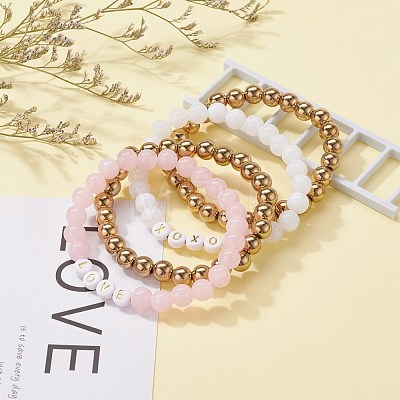 Round Imitation Gemstone & Plating Beads Stretch Bracelet Sets BJEW-JB06409-01-1