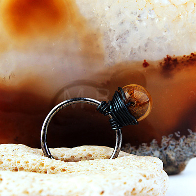 Iron Wire Wrapped Natural Tiger Eye Round Beaded Cuff Rings WGDBE9A-05-1