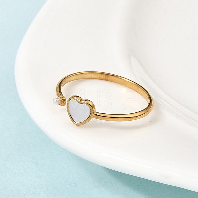 304 Stainless Steel & Natural Shell & Imitation Pearl Cuff Rings for Women RJEW-G372-01G-01-1