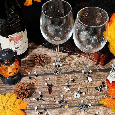 12Pcs Halloween Theme Alloy Enamel & Glass Imitation Jade Beaded Wine Glass Charms AJEW-SC0002-08-1
