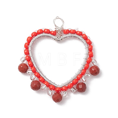 Wire Wrapped Natural Red Jasper & Glass Bead Pendants PALLOY-MZ00201-1