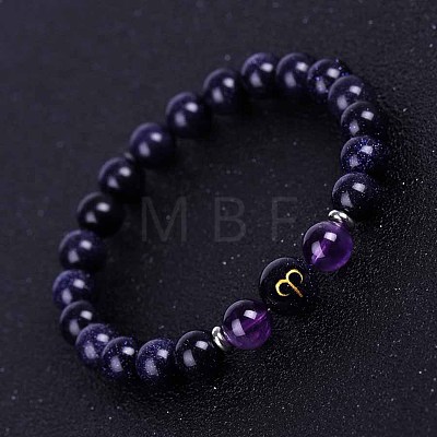 Aries Round Synthetic Blue Goldstone & Natural Amethyst Stretch Bracelets for Women Men EA3132-7-1