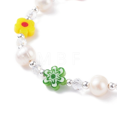Handmade Millefiori Glass & Natural Pearl Beaded Bracelet BJEW-TA00053-1