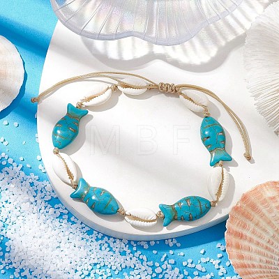 Natural Mixed Cowrie Shell with Synthetic Turquoise Beaded Anklets AJEW-AN00596-01-1