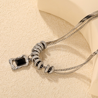 Natural Black Agate(Dyed & Heated) 304 Stainless Steel Rectangle Pendant Necklaces for Women WG07BA4-01-1
