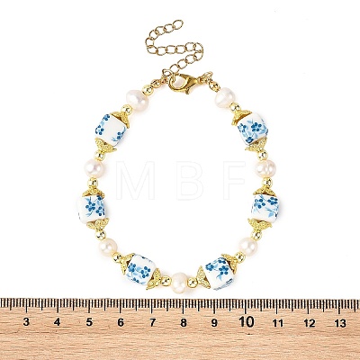 Flower Printed Handmade Porcelain Cube & Natural Pearl Beaded Necklaces BJEW-JB14176-1
