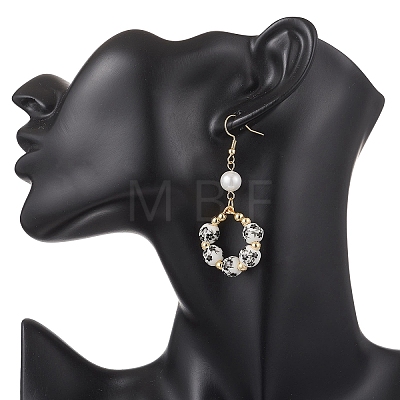 Printed Porcelain Round Dangle Earrings EJEW-JE06838-01-1