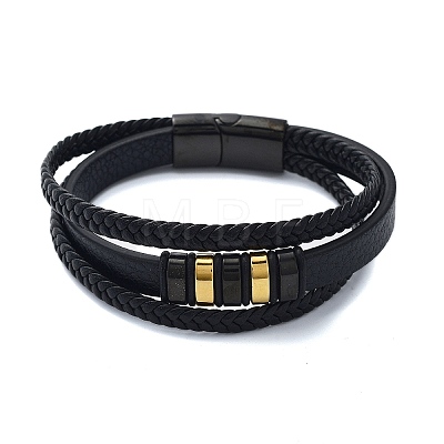 Men's Black PU Leather Cord Multi-Strand Bracelets BJEW-K243-49G-1