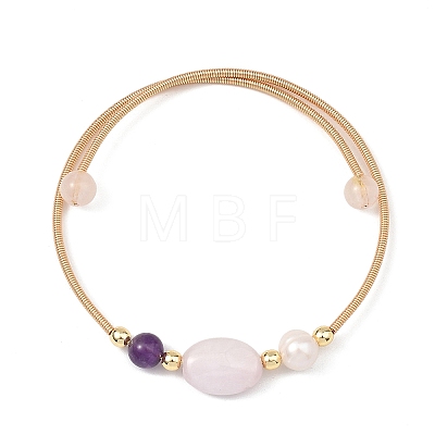 Round & Oval Natural Kunzite & Amethyst & Rose Quartz & Cultured Freshwater Pearl & Non-magnetic Synthetic Hematite Beaded Bangles BJEW-JB14080-02-1